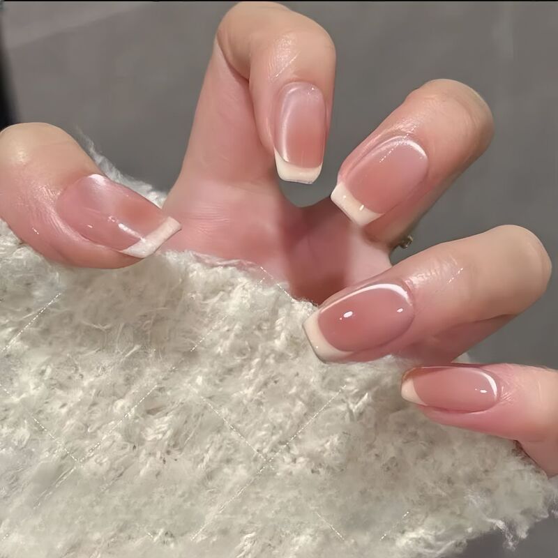 Wear [Peach Milk Cover] Cat Eye French Whitening Temperament Nail Art Patch Removable Fake Nail Blush Shell