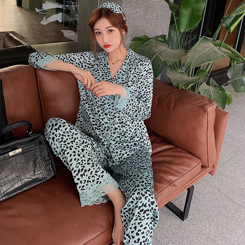 여성용 실크 새틴 레드 레오파드 프린트 섹시 레이스 긴팔 긴바지 홈웨어 세트 (재고 정리)