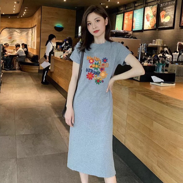 Flying Sleeve Versatile T-Shirt Dress for Women 2026 Summer New Korean Style Loose Casual Slit Dress Slimming Long Dress Flying Sleeve Versatile T-Shirt Dress for Women 2026 Summer New Korean Style Loose Casual Slit Dress Slimming Long Dress