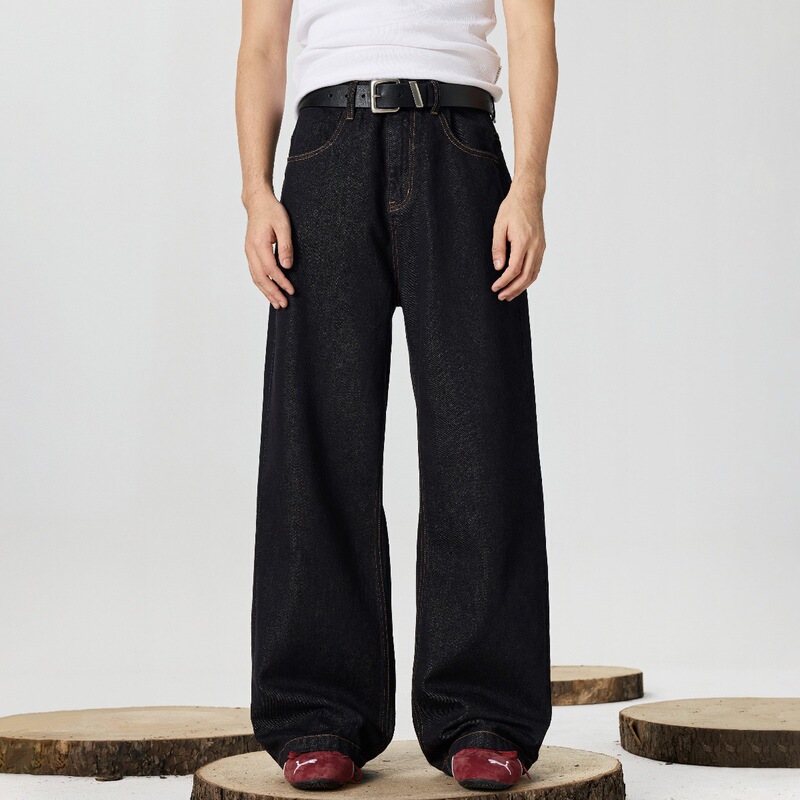 Gtrg Retro Black and Blue Denim Loose A-Line Brown Topstitched Non-Fading 14.2 oz Raw Denim Jeans