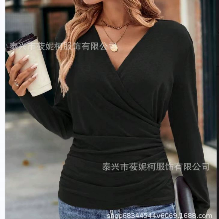 2024 Европа и США Amazon Temn Женская весна и осень Новый стройный талия с V-образным вырезом модный темперамент женский топ