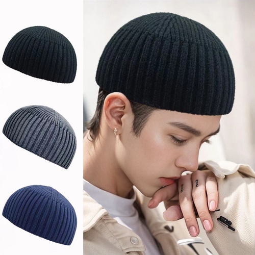 Short sleeve all-cotton knit men's thick helmet-cap pure cotton melon rind hat knitted hat autumn winter bald head hat for men winter