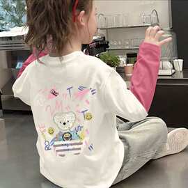 儿童新款撞色拼接宝宝内搭长袖T恤卡通中大童春秋纯棉打底上衣潮