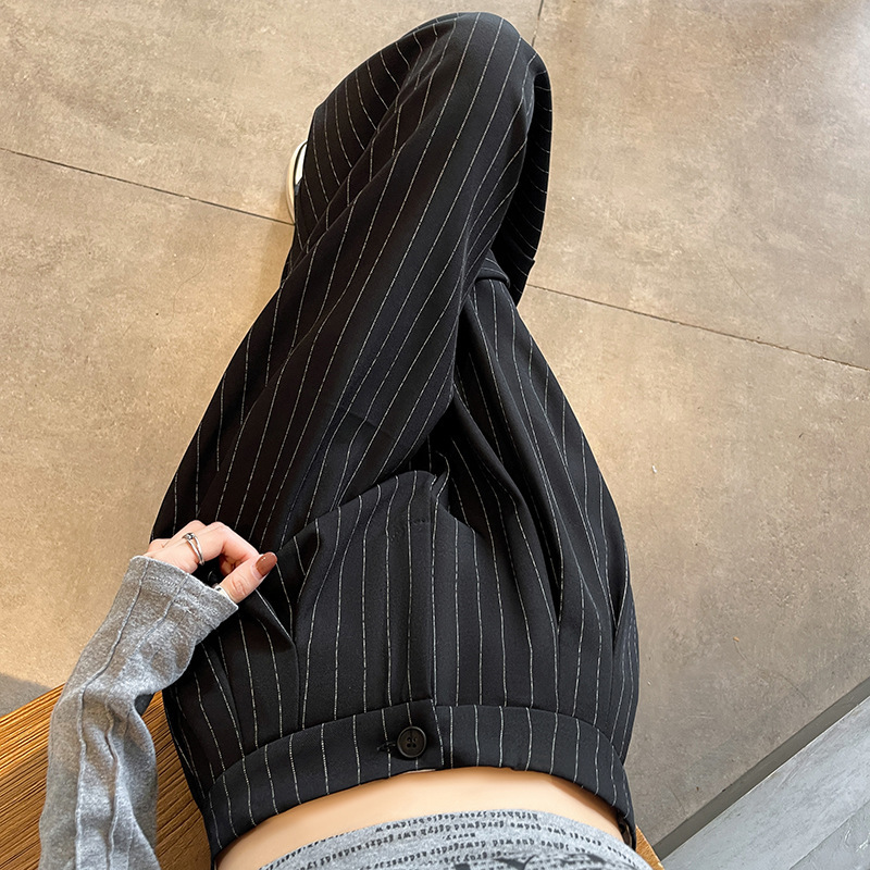 秋の女性用ストライプスーツワイドレッグパンツ、ゆったりとしたスリムなハイウエストストレートレッグカジュアルフロアレングスパンツ|undefined
