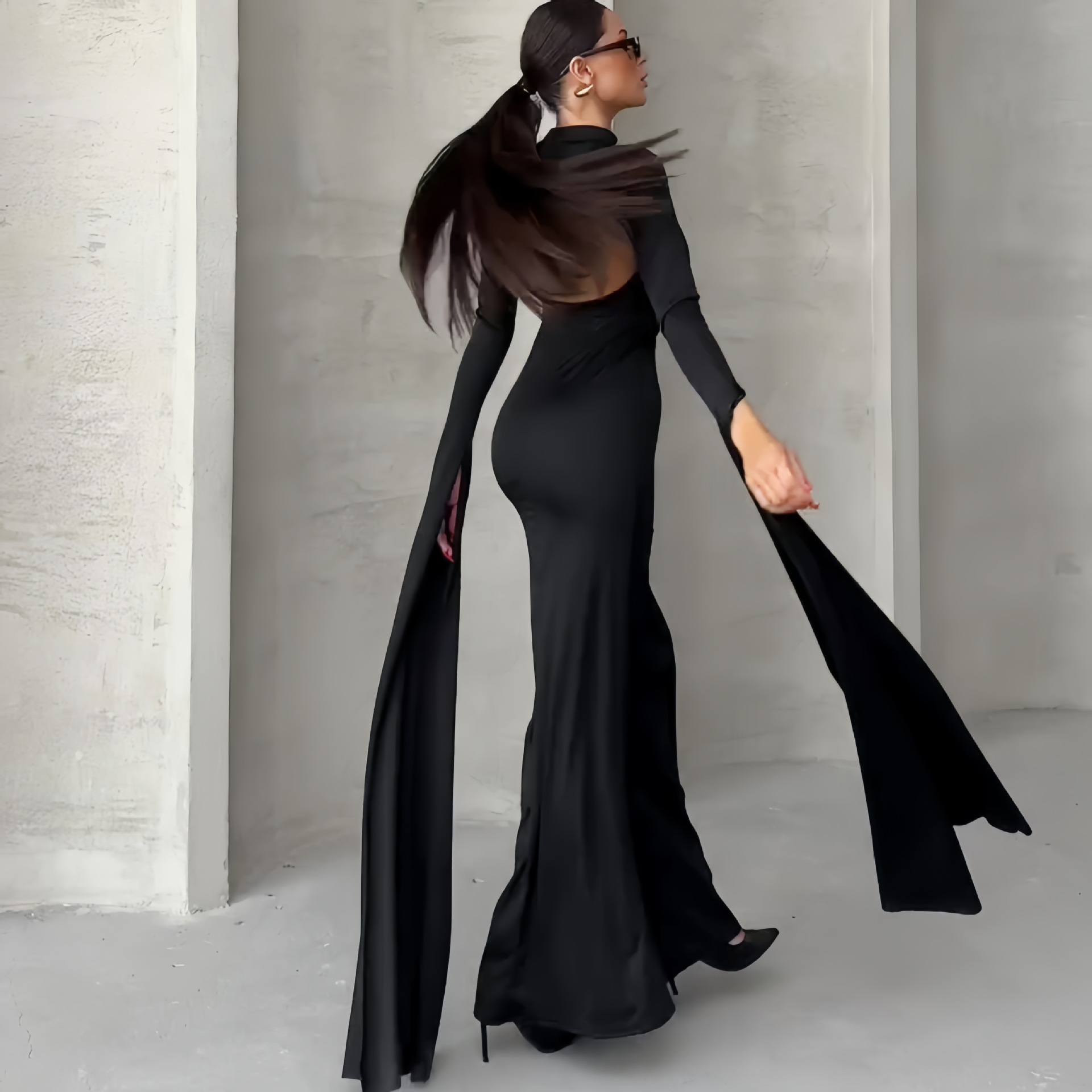 Women Clothing Autumn Personality Slim Fit Sexy Backless Half High Collar Long Sleeves Dress