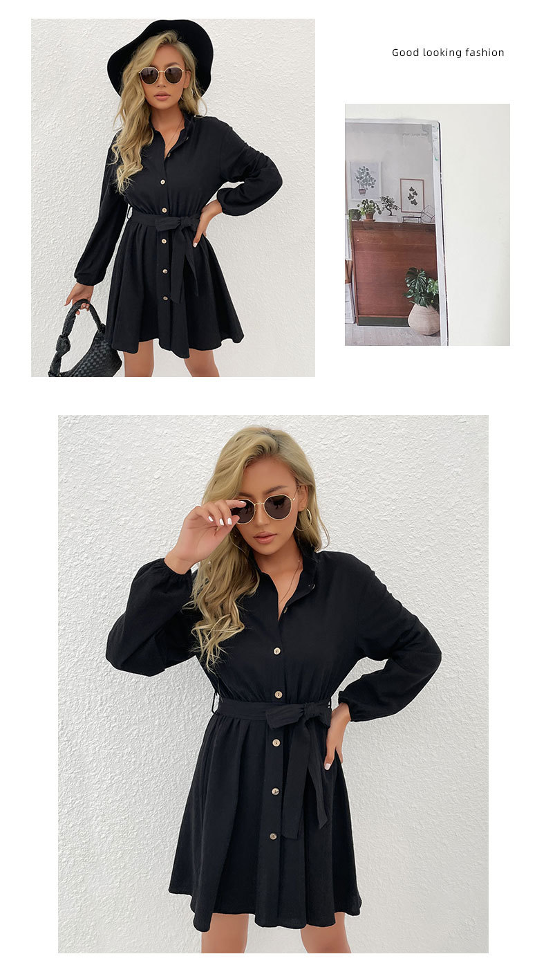 Black Long-Sleeved Single-Breasted Belted Shirt Dress NSYYF106530