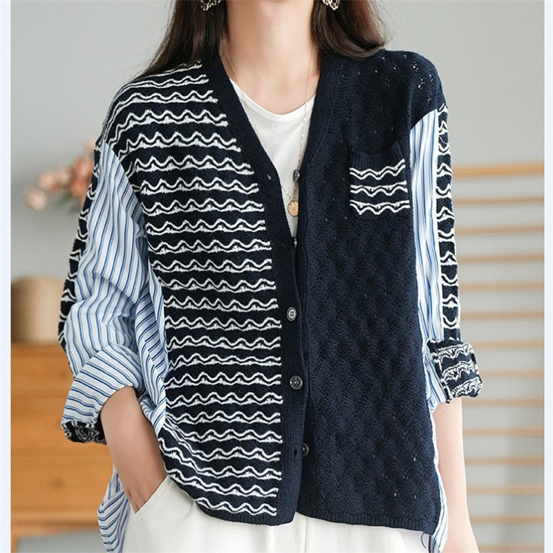 European Station Stripesd Splicing Long-Sleeved Knitwear Women's V Neck Loose Cardigan 2025 Early Autumn Cross-Border European Women's Clothing