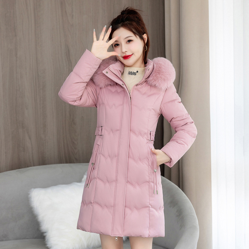 Women's Clothing Large Fur Collar New Cotton Jacket Winter Coat Mid Length Hooded Cotton Jacket Waist Rope Slim Thickened Cotton Jacket_voghion.com