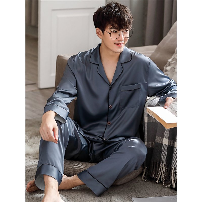 남성용 잠옷 봄 여름 긴팔 실크 아이스 실크 홈웨어 봄 가을 얇은 모조 실크 새틴 슈트