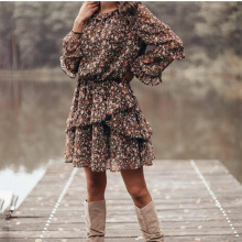 2024欧美新款跨境小碎花印花圆领长袖连衣裙
