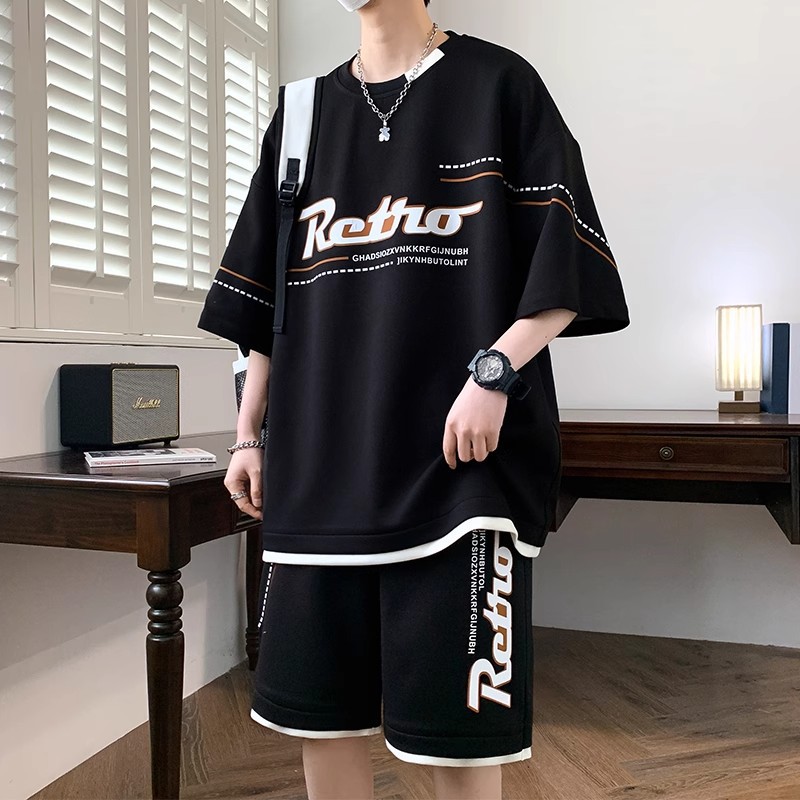 Bộ đồ thể thao thông thường kiểu Nhật cỡ lớn cổ tròn ngắn tay áo thun dây rút quần short năm điểm quần hai mảnh mùa hè nam