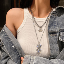 可爱双层小熊吊坠项链女韩国个性设计感卫衣网红毛衣链衣服配饰潮