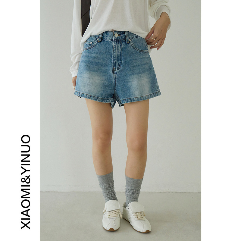 【Oufan】Washed and Distressed High-Waisted Denim Shorts with Back Pocket Buttons for Women, New Summer Style, Slimming and Versatile Hot Pants 3093