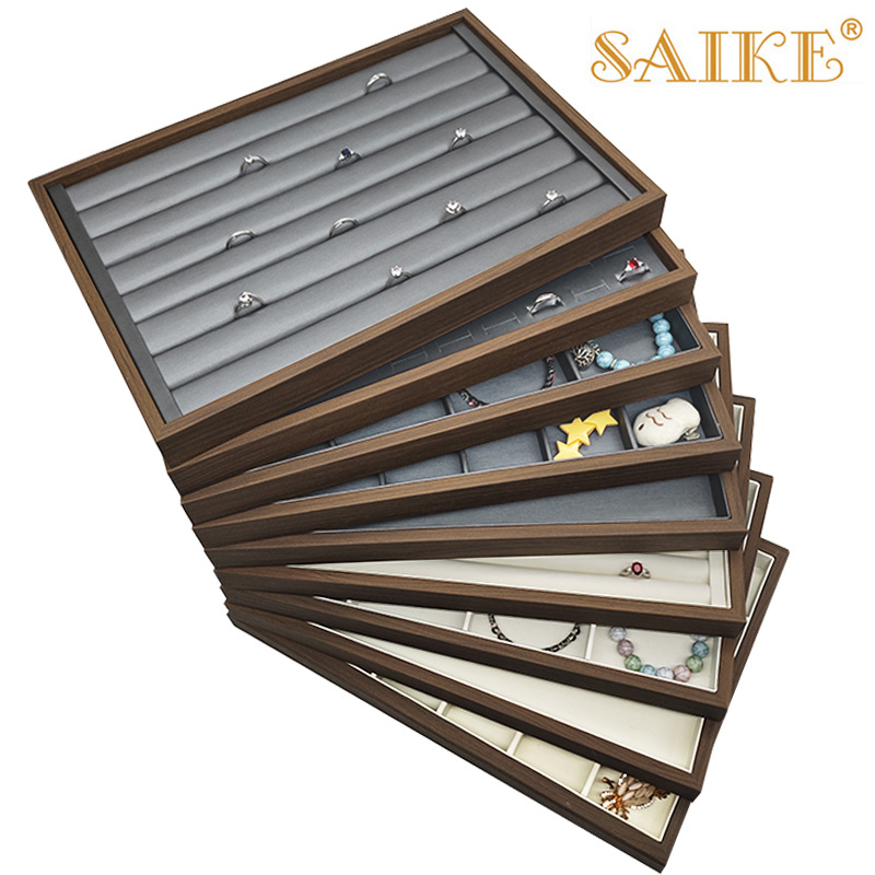 现货批发黑胡桃纹木质内枪灰色拉丝PU珠宝首饰饰品展示陈列托盘子