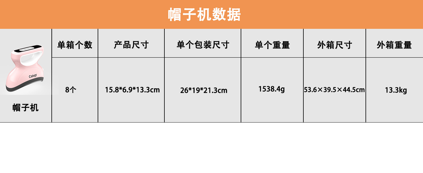 CHP2304 - 帽子机 - 产品尺寸重量及箱子尺寸重量