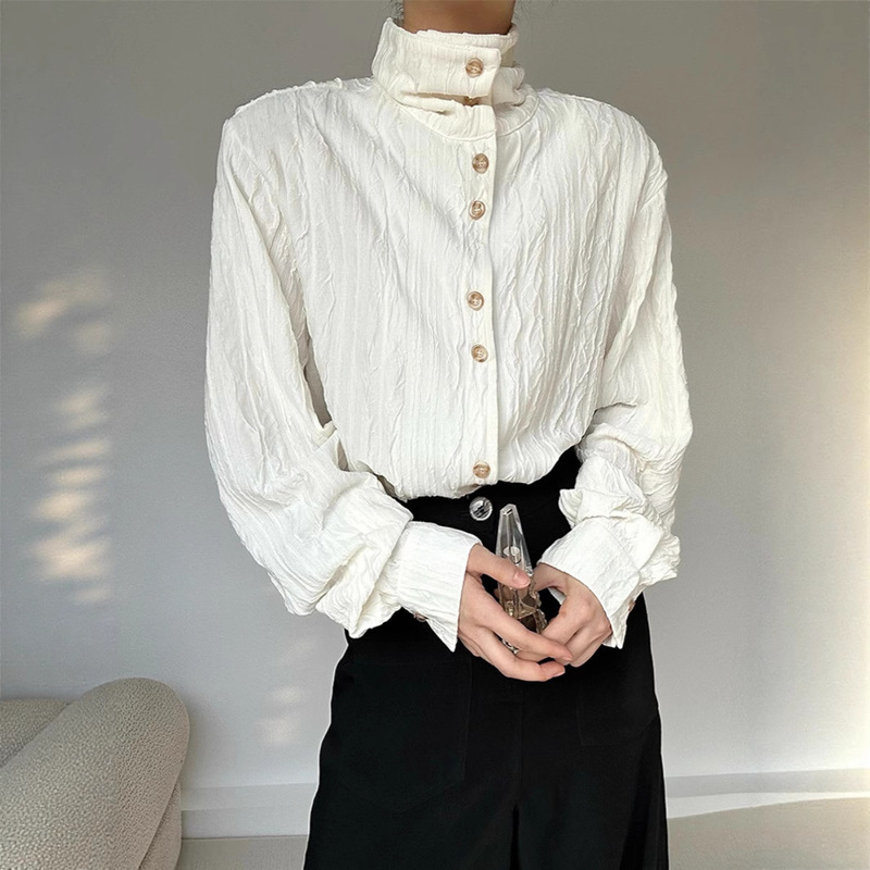 French Retro Stand-Up Collar Long-Sleeved Shirt for Men in Spring and Autumn, High-End Pleated Lazy Style Casual Handsome High-Neck Shirt