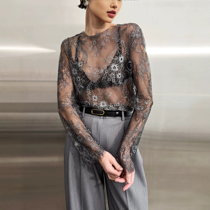 Foreign Trade High-End Lace Top, Sexy and Alluring Style, Semi-Transparent Mesh Cover-Up, Stylish Long-Sleeve Base Layer Foreign Trade High-End Lace Top, Sexy and Alluring Style, Semi-Transparent Mesh Cover-Up, Stylish Long-Sleeve Base Layer