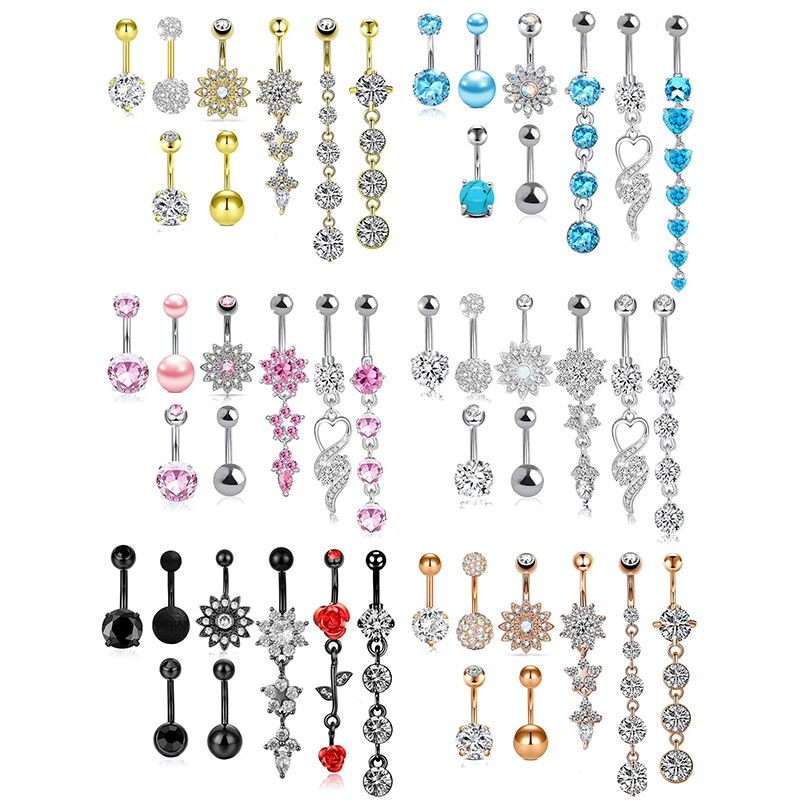 Set di gioielli sexy per piercing all'ombelico con anello in acciaio inossidabile a farfalla e micro zirconi intarsiati_voghion.com