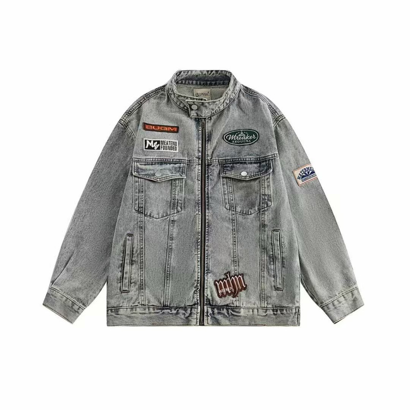 Japanese style vintage embroidered badge autumn fashion brand Denim coat men's washed distressed stand collar workwear jacket top