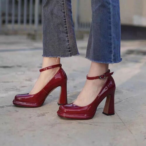 Block heel high-heel women's single shoe with a single buckle, Mary Jane style square-toe small leather shoes