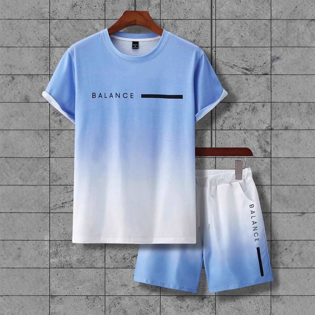 Lema de letras de color degradado estampado 3D traje de hombre camiseta traje deportivo de hombre cuello redondo pantalones cortos con cordón de manga corta