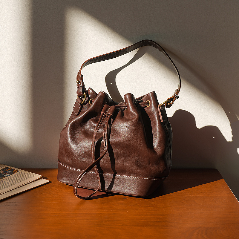 Niche Design Women's Commuter Fashion Genuine Leather Bucket Bag Luxury Chinese Style Large Capacity Crossbody Cowhide Bag - Thumbnail 7