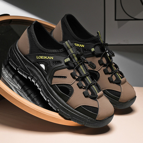 Men's Summer Outdoor Beach Sandals, Breathable Hollow-Out Thick-Soled Lace-Up Color-Block Injection-Molded Casual Shoes for Men