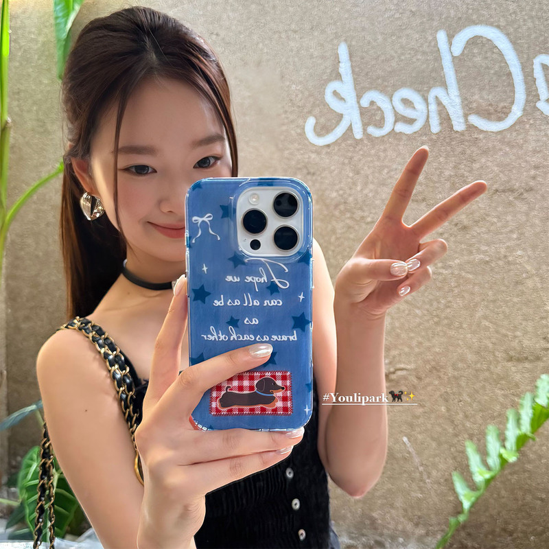 Yuri Park Ins Cute Retro Denim Blue Star Dachshund 15 Suitable for 16Pro Apple 16Promax Hand