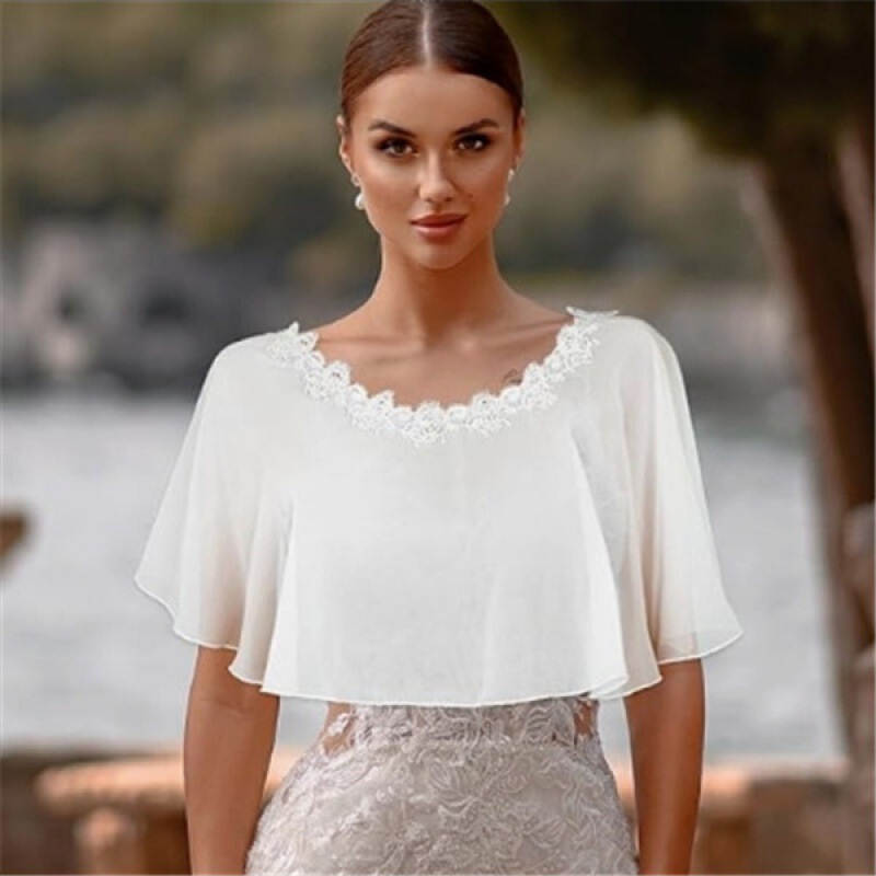 Spring and Summer Women's Bridal Shawl Wedding Dress Accessories Chiffon Shawl Jacket Thin Collar Lace Flower Blouse