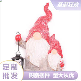 新款LED灯发光摆件 大号花园客厅玄关两个提灯圣诞老人树脂摆件BJ