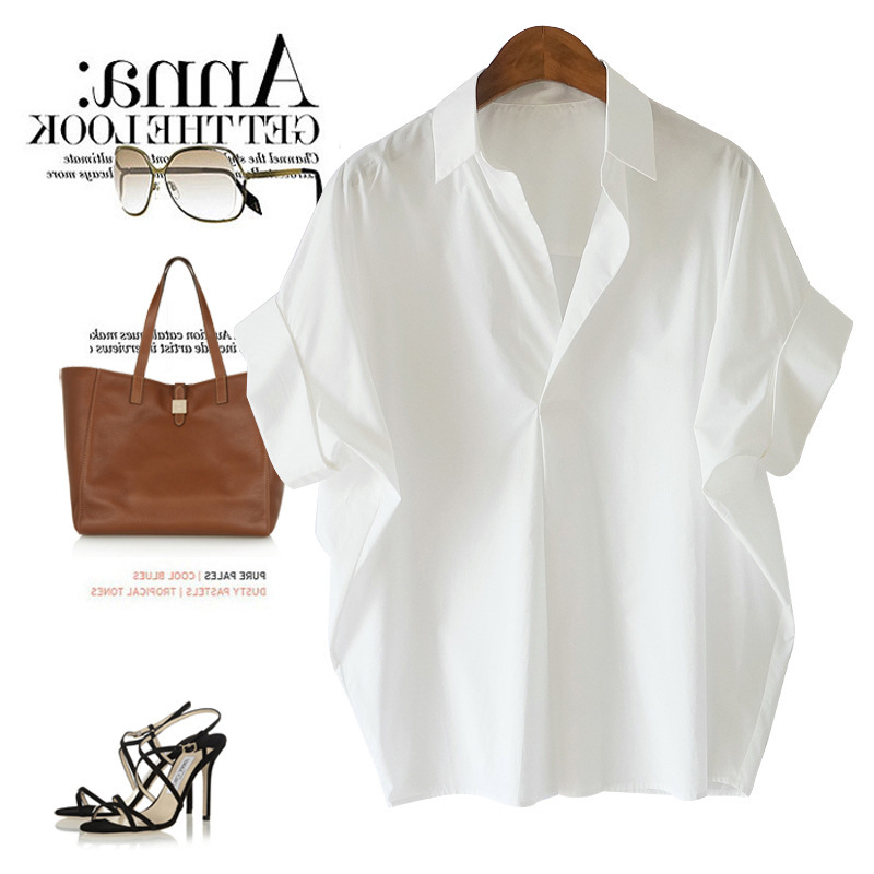 Close! Close! Knock on a nice white shirt! Cotton White Loose Dolman Sleeve V-Neck Shirt Women's Shirt