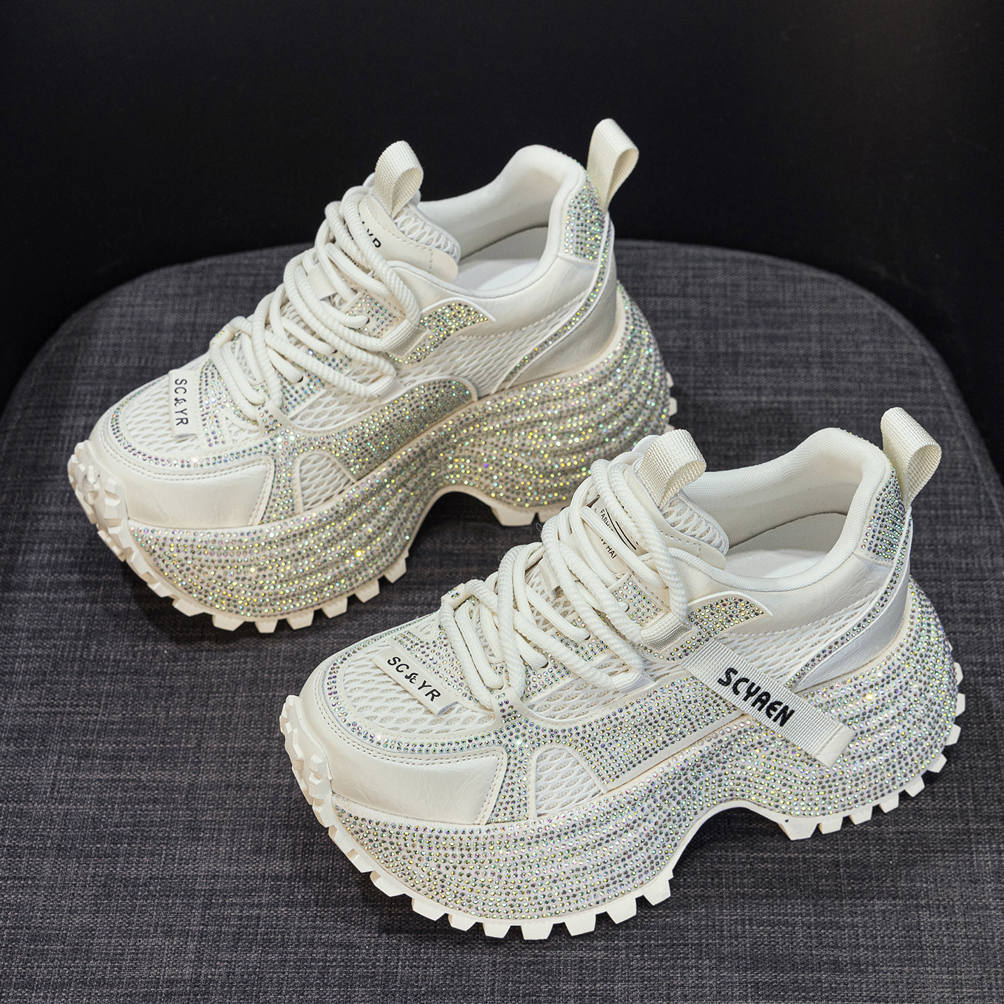 Giày sneaker nữ chunky đế dày phối đá pha lê cao cấp — Xám 5031, Be 5031