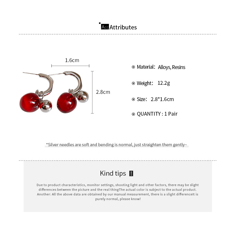 7g Weight 925 Sterling Silver Ear Needle Material Earrings Classification 1 Pair Quantity Daily Occasion Alloy, Resin Material Cherry Pattern Women's Gender Plating Design Cute, Sweet Style 1 Pair Cute Sweet Cherry Plating Alloy Resin Earrings 1