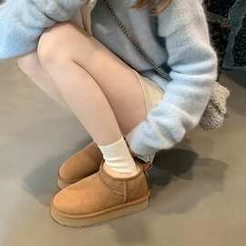 葡萄妈同款2026年新款圆头加厚底棉鞋短筒加绒雪地靴女秋冬
