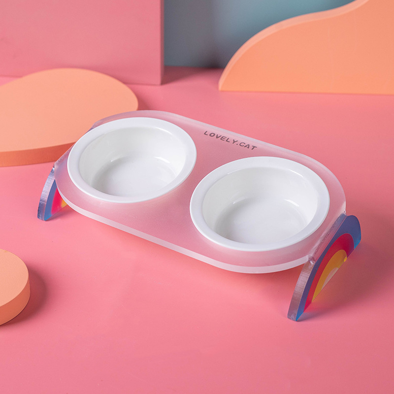 Arco iris acrílico marco de cerámica tazón doble tazón único tazón para mascotas perros y gatos tazón de alimentos tazón de agua de alimentación de agua en el hogar