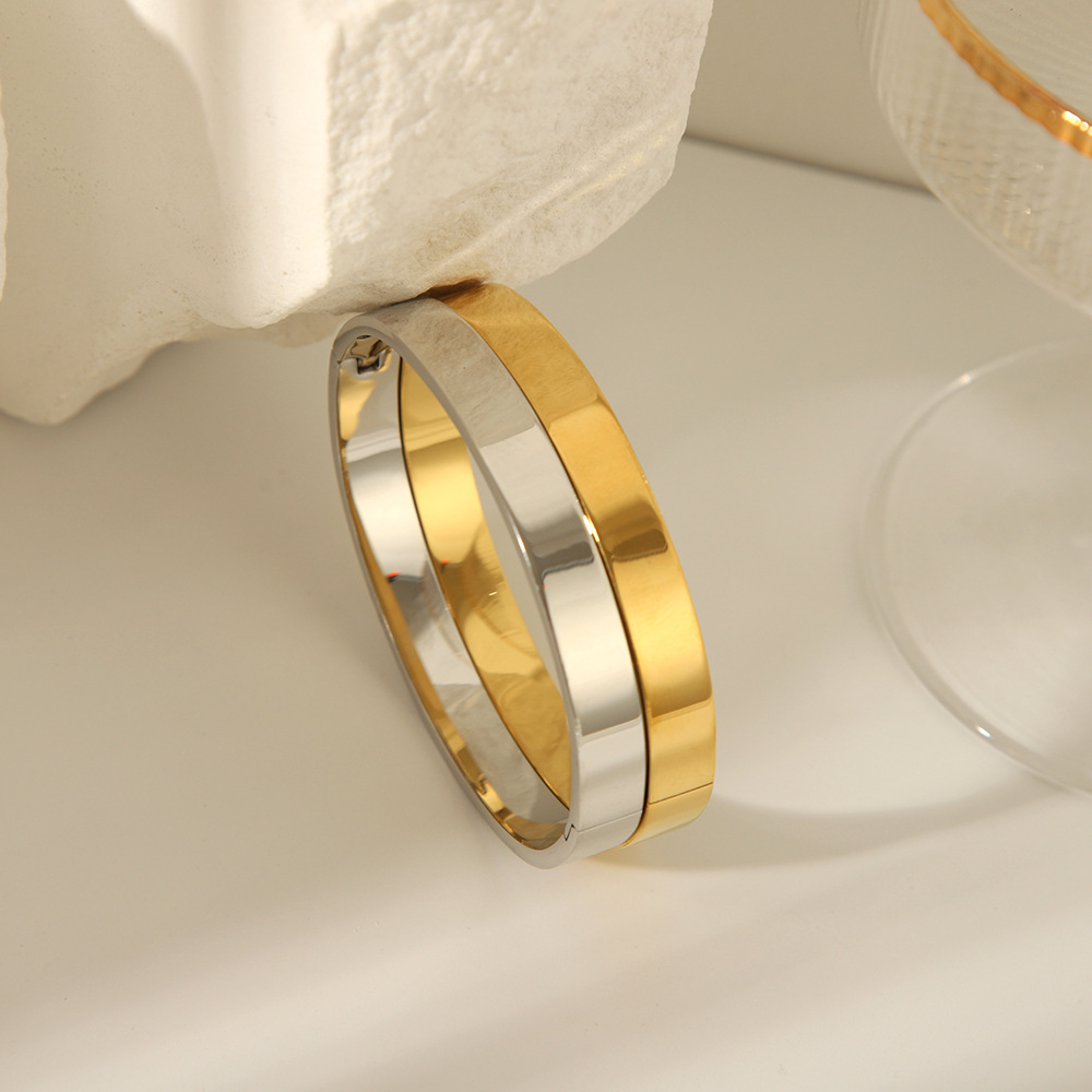 Anillo liso de superficie ancha de 8mm, acero inoxidable simple, horno de 18K, oro real, todo fósforo, pulsera ligera de lujo para mujer, pulsera, joyería