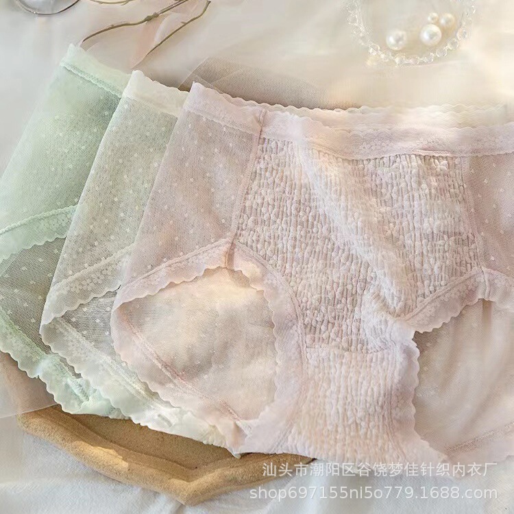 New Japanese Style Underwear Women's Lace Girly Style Summer Thin Pure Cotton Mid-Waist Hip Breathable Briefs