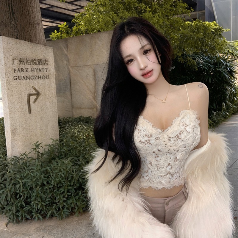 昕可达 蕾丝灰色重工盘带绣吊带背心女气质感短款上衣|undefined