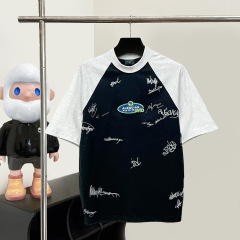 巴黎正确版B家贴布绣签名拼接撞色插肩袖潮牌高版本小领口短袖T恤