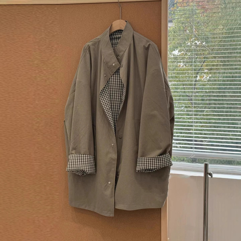 2026 Spring and Autumn New Style Mid-Length Fashionable Korean-Style Khaki Patchwork Trench Coat for Women 2026 Spring and Autumn New Style Mid-Length Fashionable Korean-Style Khaki Patchwork Trench Coat for Women