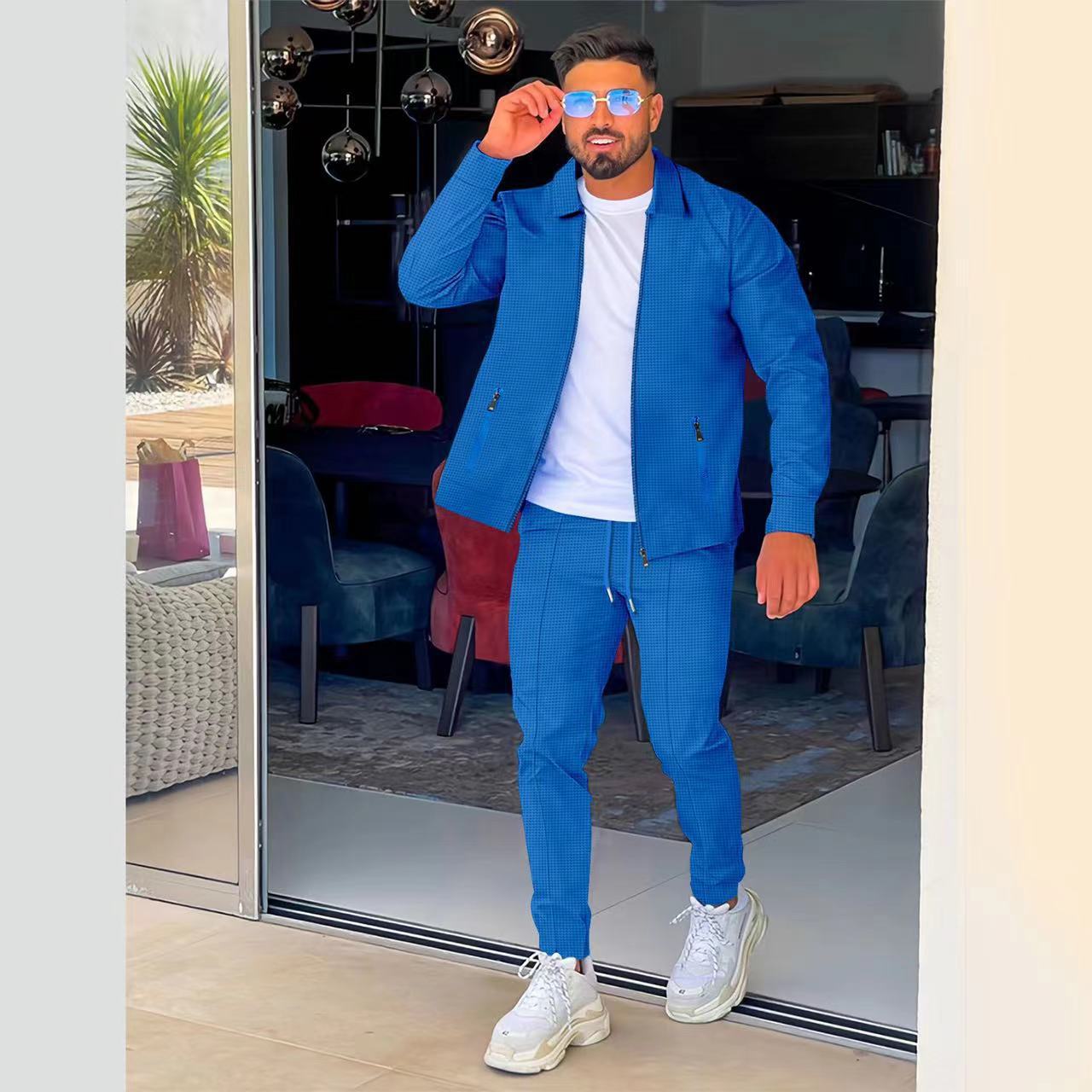 Men's Waffle Solid Color Lapel Casual Outdoor Jacket And Trousers Set Long Sleeved Elegant Basic Polyester Spring Summer Autumn_voghion.com