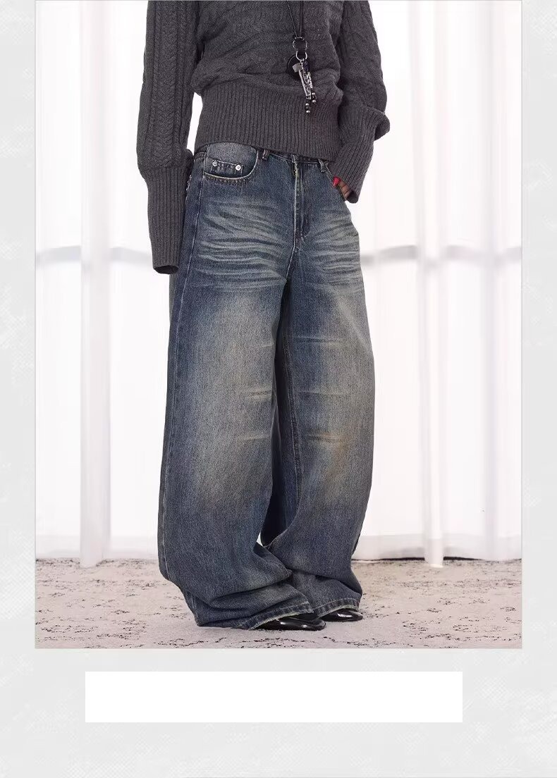 Unisex Retro Washed Distressed Jeans Loose Straight Leg Casual Hip Hop Dance Long Pants Spring/Autumn Summer Wear_ecoleips.com