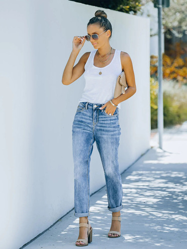 Cross-border European and American light-blue stretch denim skinny straight-leg pants, cigarette pants—available for dropshipping from TEMU, Amazon, Shein, and overseas warehouses.