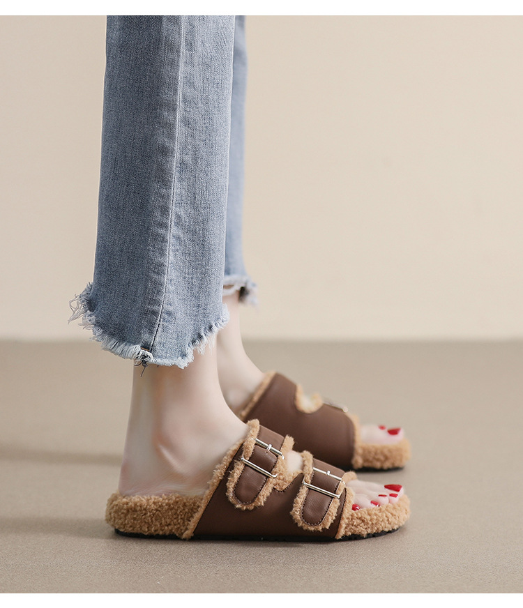 Girl Fur Slippers Women S Outerwear Autumn And Winter One Word Belt Plus Fleece Cotton Shoes To Keep Warm Net Red Large Size_voghion.com