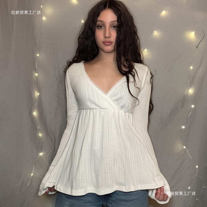 2026 Foreign Trade European and American Style Lace Patchwork Cross-Collar A-Line Long-Sleeve T-Shirt for Women, Drapey Solid Color Loose Casual