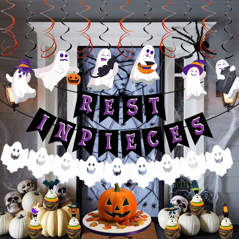Decoración de Halloween tira banderas impresas calabazas de Halloween Espantapájaros tira flores colgante fantasma set fiesta fantasma