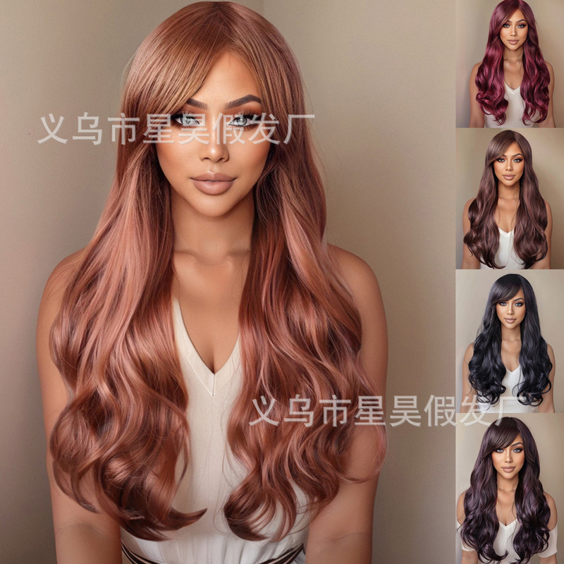 New Explosions Inclined Bangs Platinum Color Long Roll Women's Long Hair Big Wave Curly Hair Foreign Trade Cross-border European and American Mechanism Wig