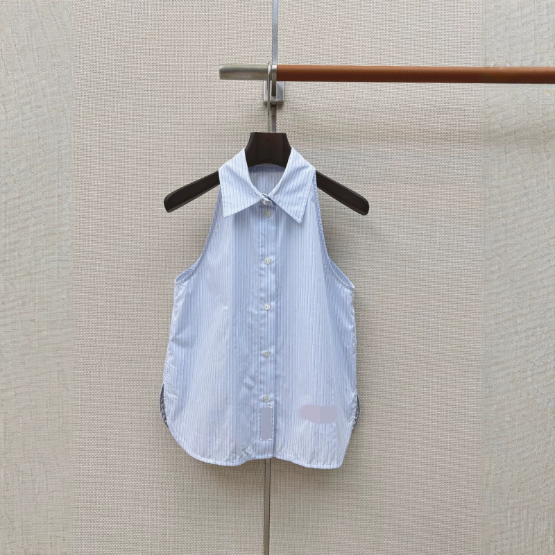 Age-Reducing Youthful Style Fashion Logo Embroidered Poplin Cotton Lightweight and Comfortable Turn-Down Collar Halter-Style Short Sleeveless Shirt Age-Reducing Youthful Style Fashion Logo Embroidered Poplin Cotton Lightweight and Comfortable Turn-Down Collar Halter-Style Short Sleeveless Shirt