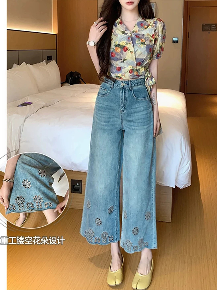 Diseño hueco grande nueve puntos jeans de verano para mujeres nuevos mm grasa suelta cintura alta delgada pantalones rectos de piernas anchas image 1