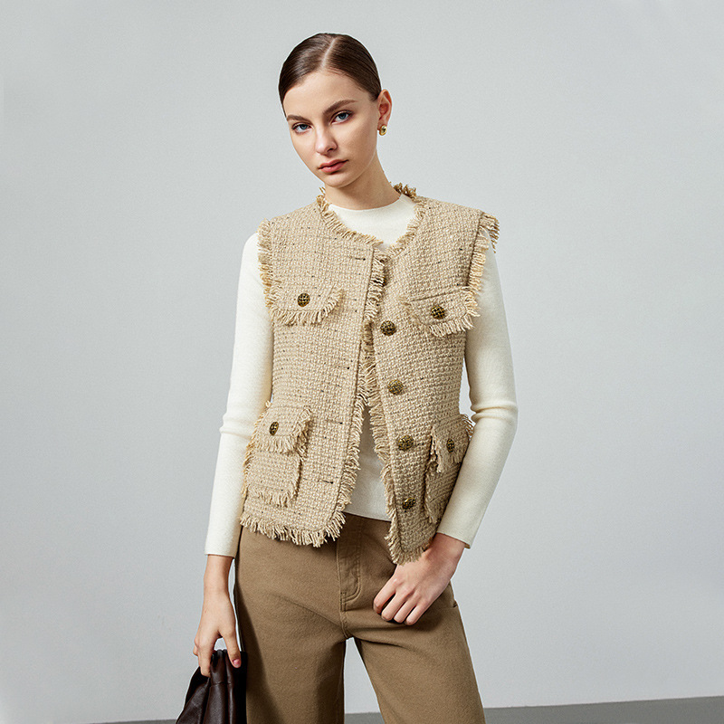 Design Sense Tweed Wool Vest Coat Women's Early Spring New 2025 Chanel Style Round Neck Elegant Slim Look Top Design Sense Tweed Wool Vest Coat Women's Early Spring New 2025 Chanel Style Round Neck Elegant Slim Look Top